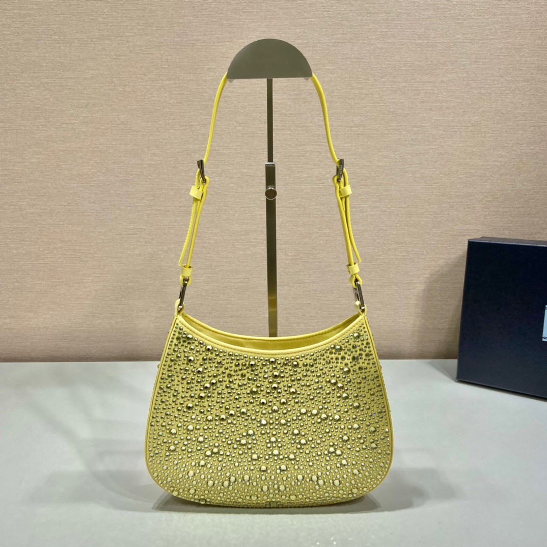 Prada Cleo Bag In Yellow Satin with Cystal Appliques 970