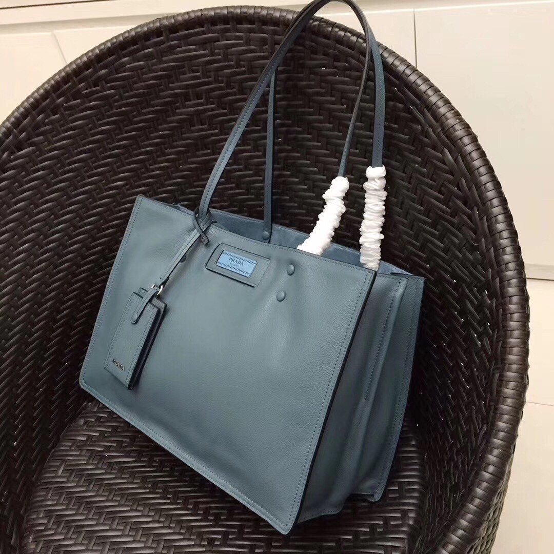 Prada Etiquette Tote Bag In Blue Calf Leather 421