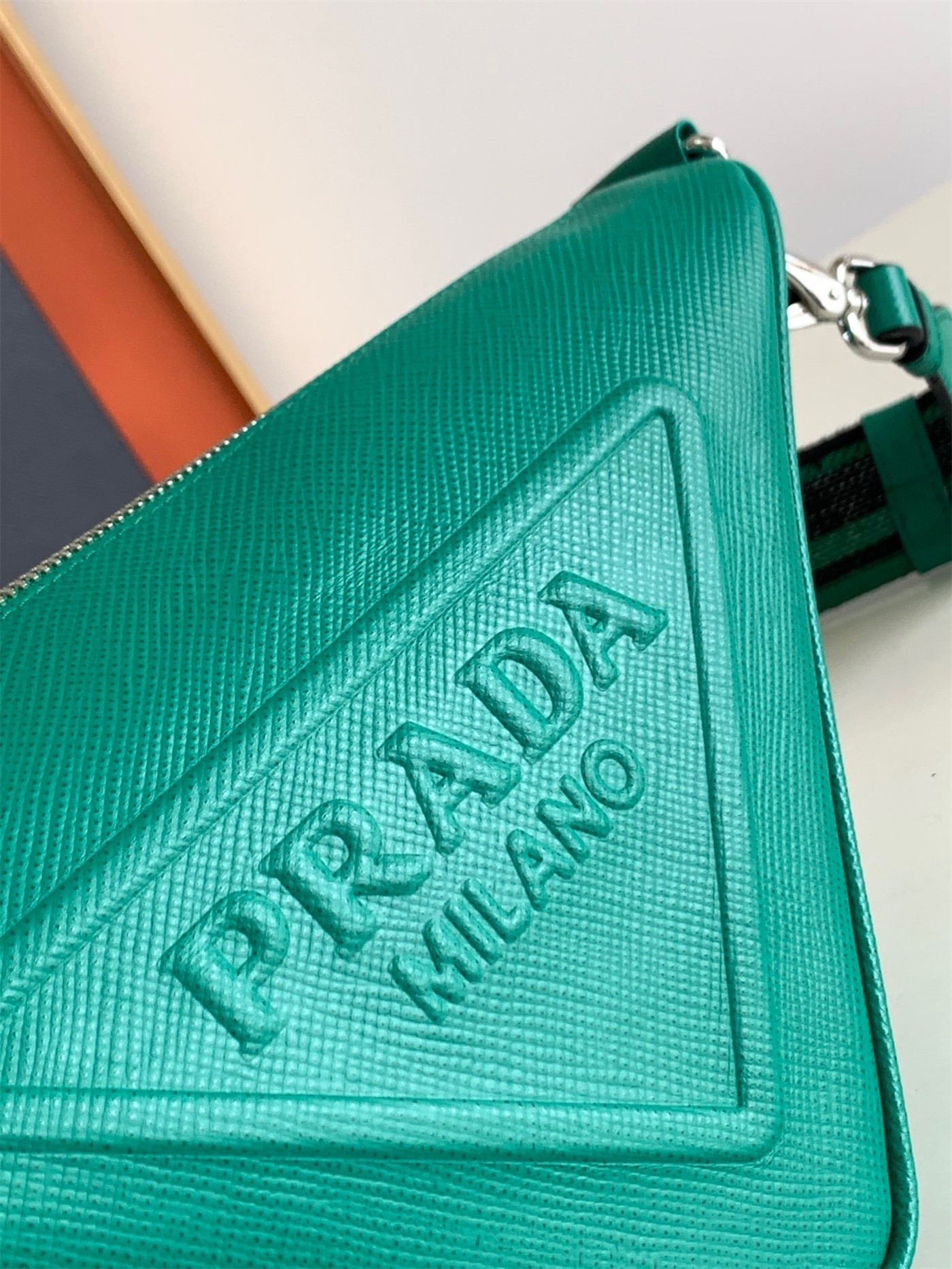 Prada Triangle Shoulder Bag In Green Saffiano Calfskin 472