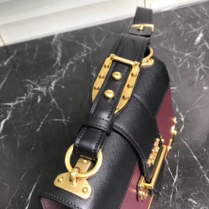 Prada Cahier Shoulder Bag In Bordeaux/Black Leather 671