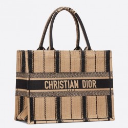 Dior Small Book Tote In Black and Beige Bayadère Embroidered 143