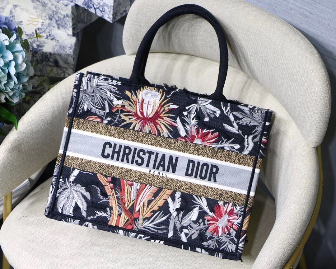 Dior Small Book Tote In Black Camouflage With Flowers 973