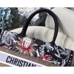 Dior Small Book Tote In Black Camouflage With Flowers 973