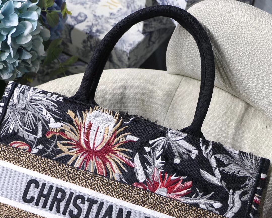 Dior Small Book Tote In Black Camouflage With Flowers 973