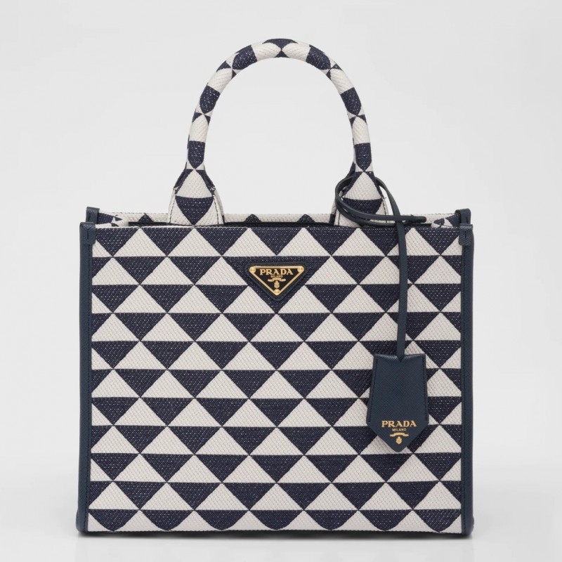 Prada Symbole Small Bag In White/Blue Jjacquard Fabric 944