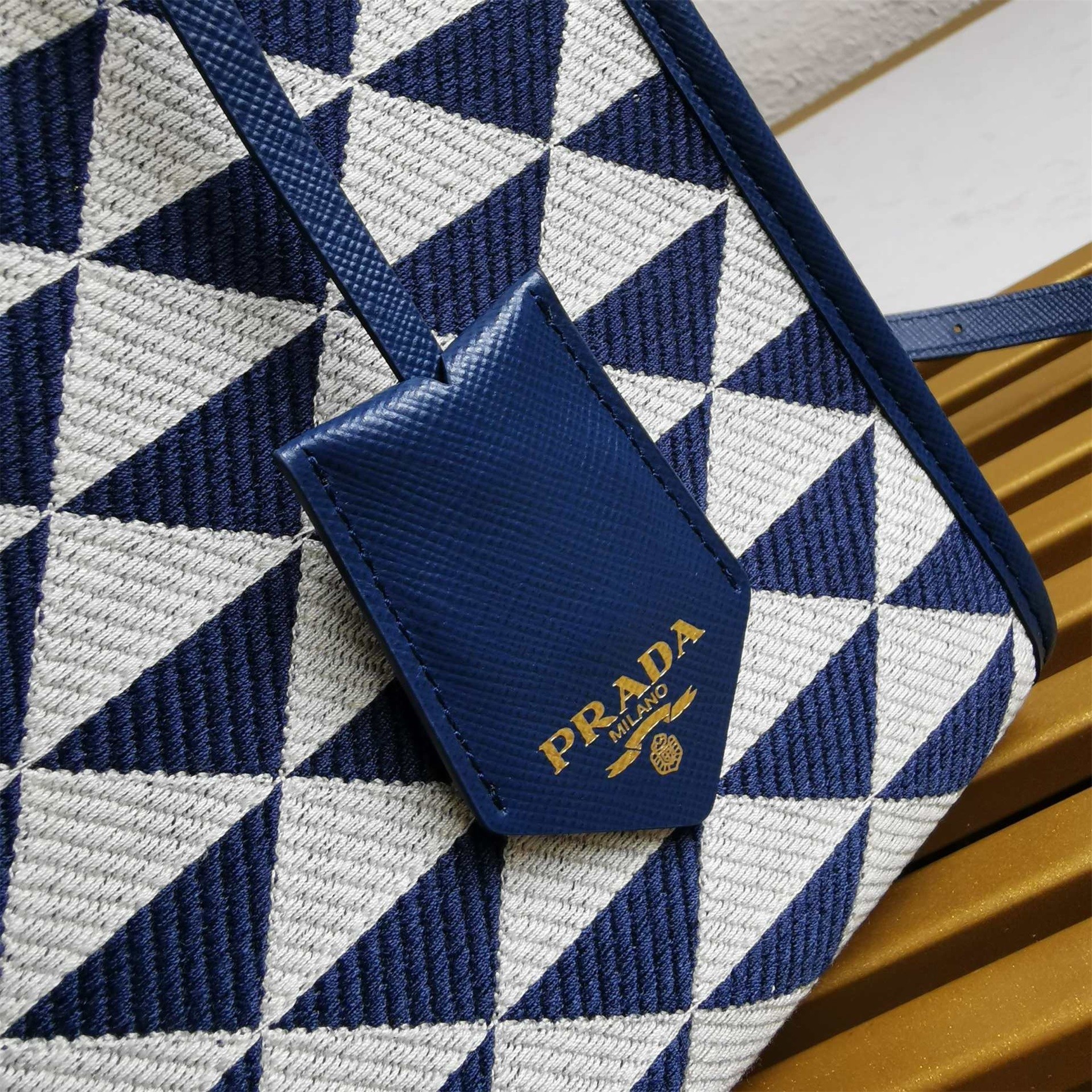 Prada Symbole Small Bag In White/Blue Jjacquard Fabric 944