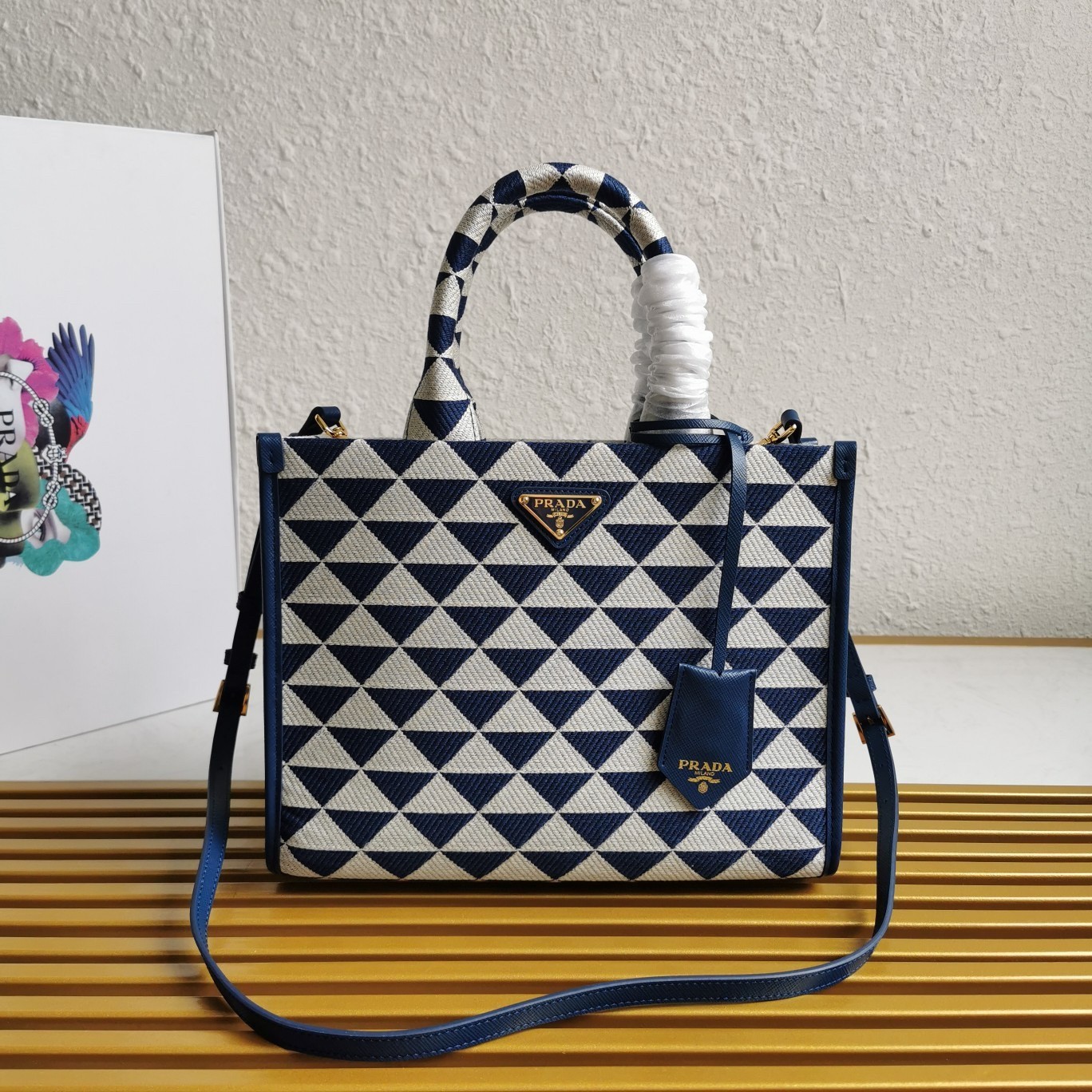 Prada Symbole Small Bag In White/Blue Jjacquard Fabric 944