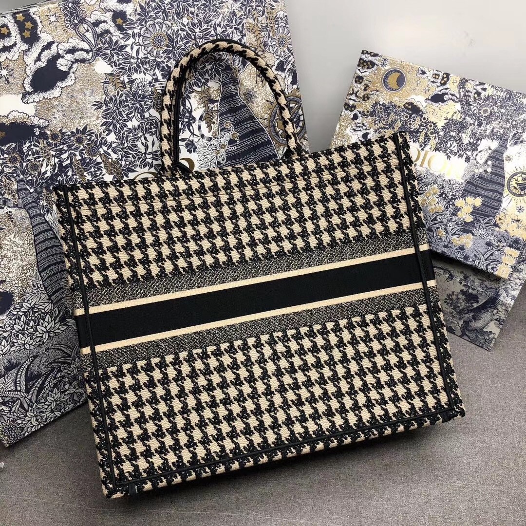 Dior Book Tote Bag In Houndstooth Embroidery Canvas 226