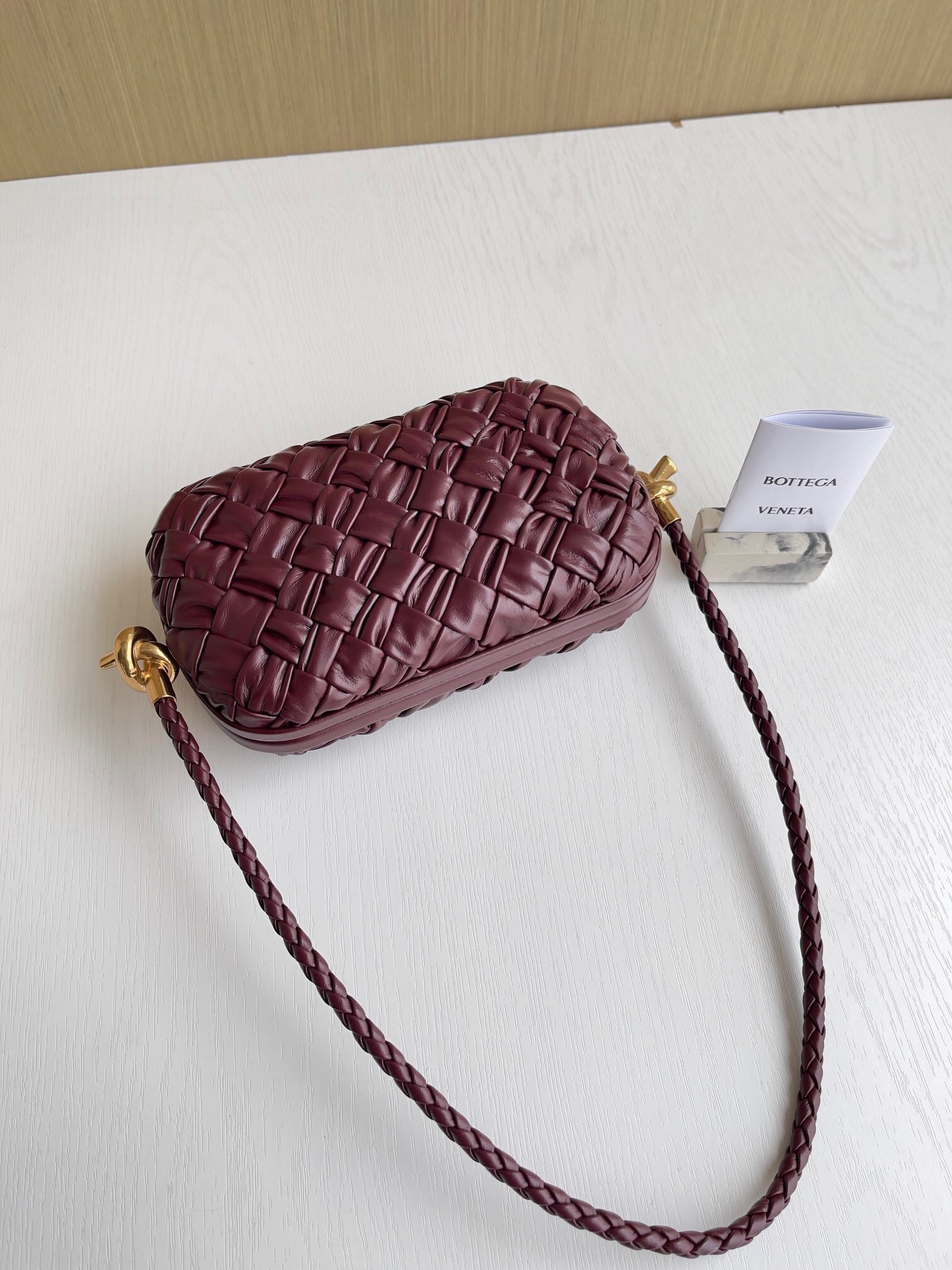 Bottega Veneta Knot Minaudiere On Strap In Barolo Foulard Intreccio Leather 541