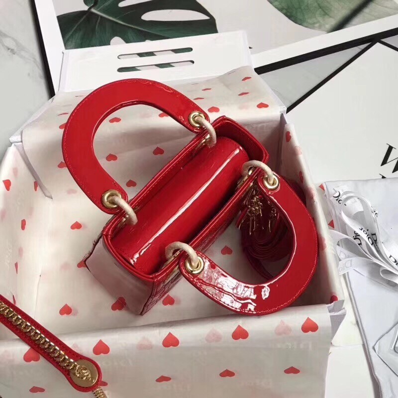 Dior Mini Lady Dior Bag In Cherry Patent Calfskin 744
