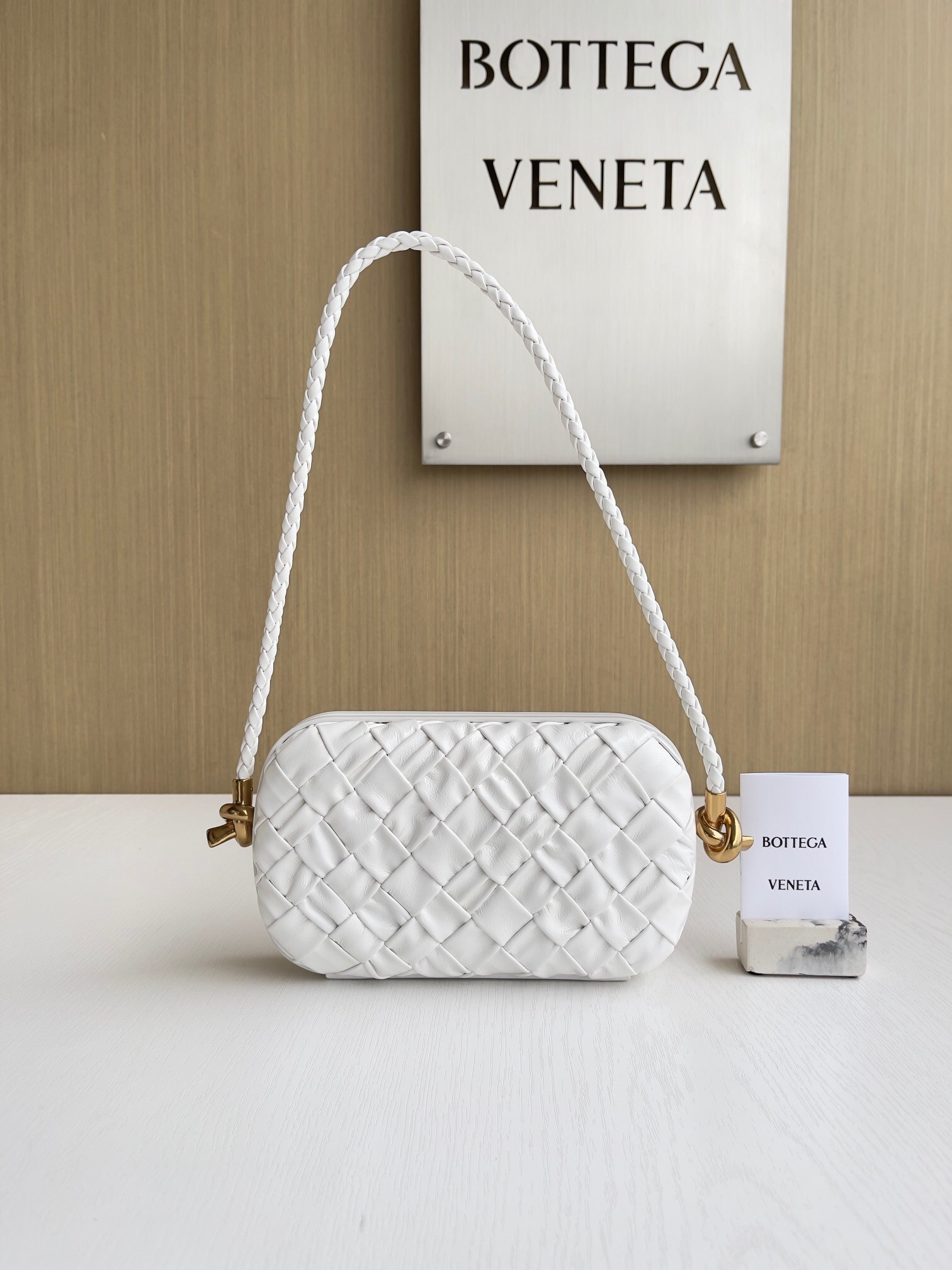 Bottega Veneta Knot Minaudiere On Strap In White Foulard Intreccio Leather 905