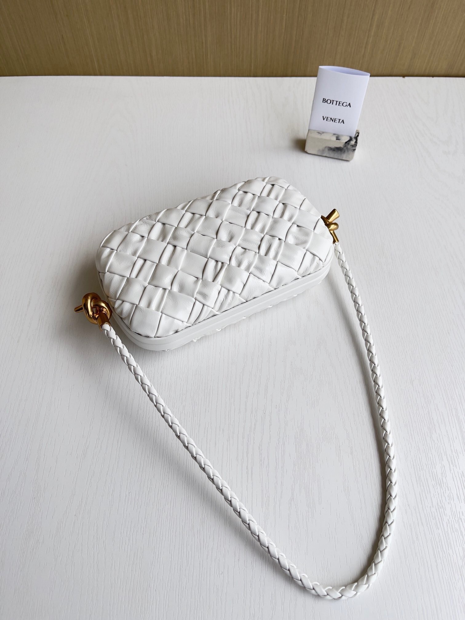 Bottega Veneta Knot Minaudiere On Strap In White Foulard Intreccio Leather 905