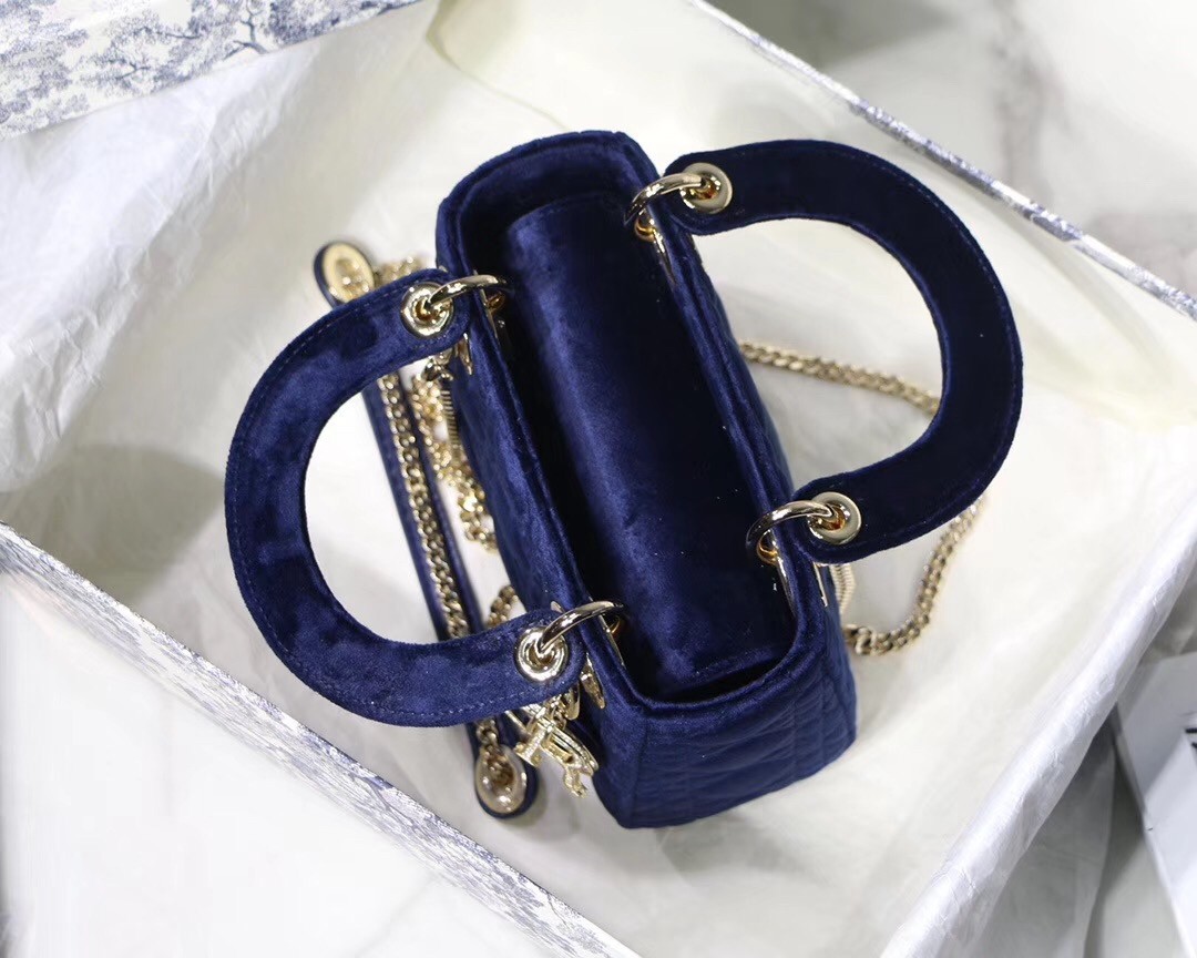 Dior Mini Lady Dior Chain Bag In Blue Velvet 819