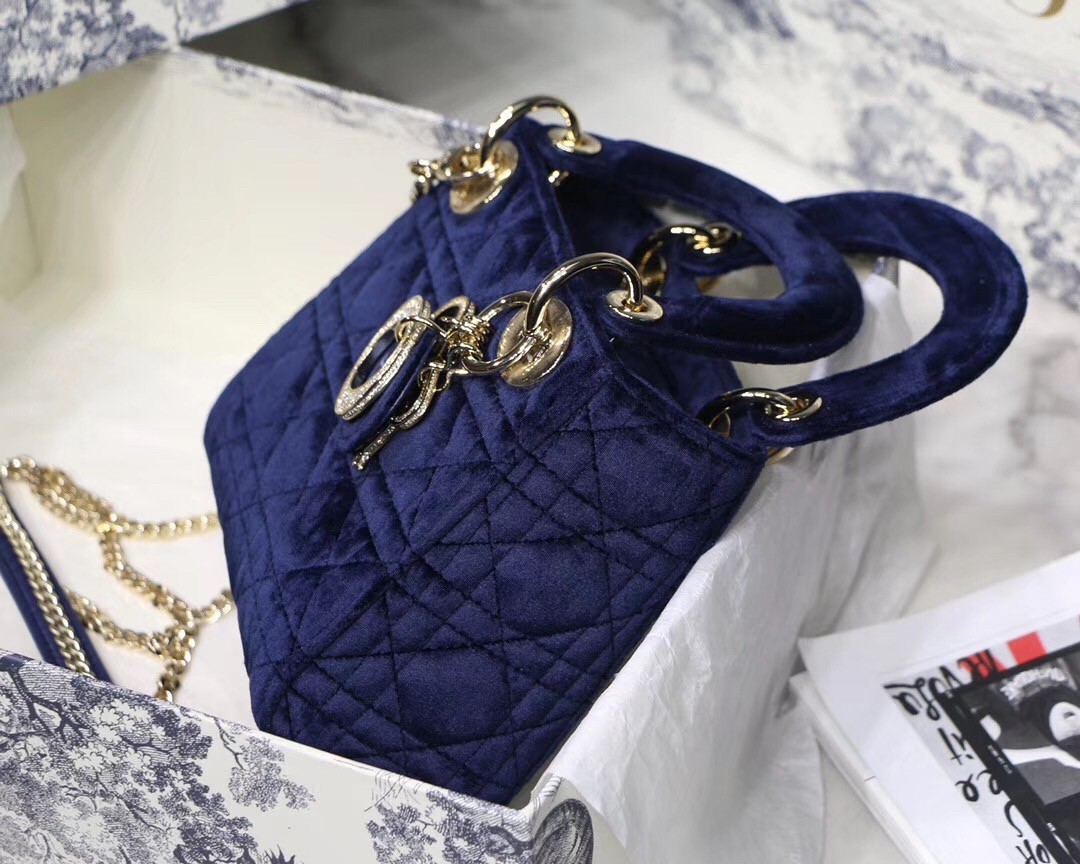 Dior Mini Lady Dior Chain Bag In Blue Velvet 819