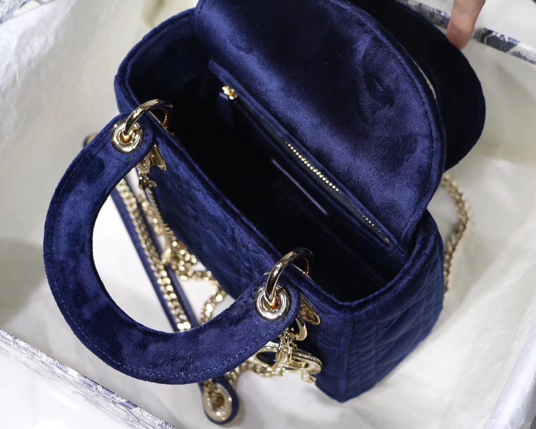 Dior Mini Lady Dior Chain Bag In Blue Velvet 819