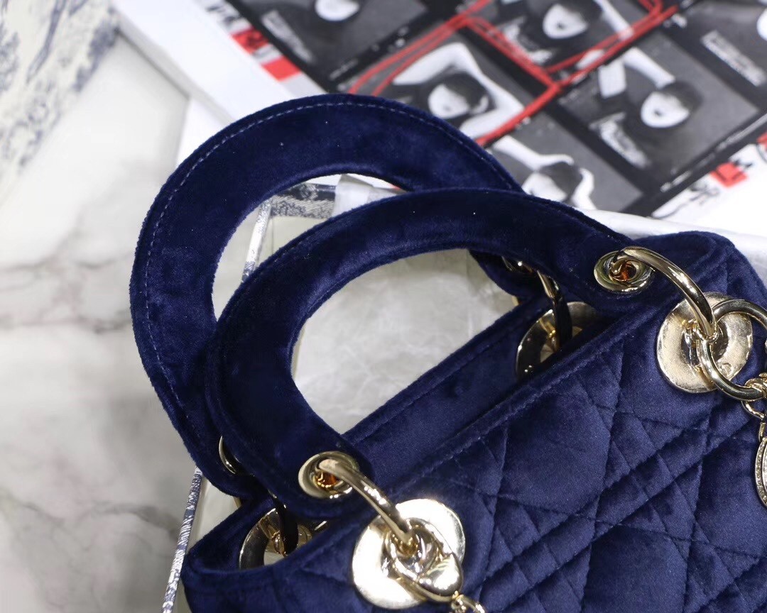 Dior Mini Lady Dior Chain Bag In Blue Velvet 819