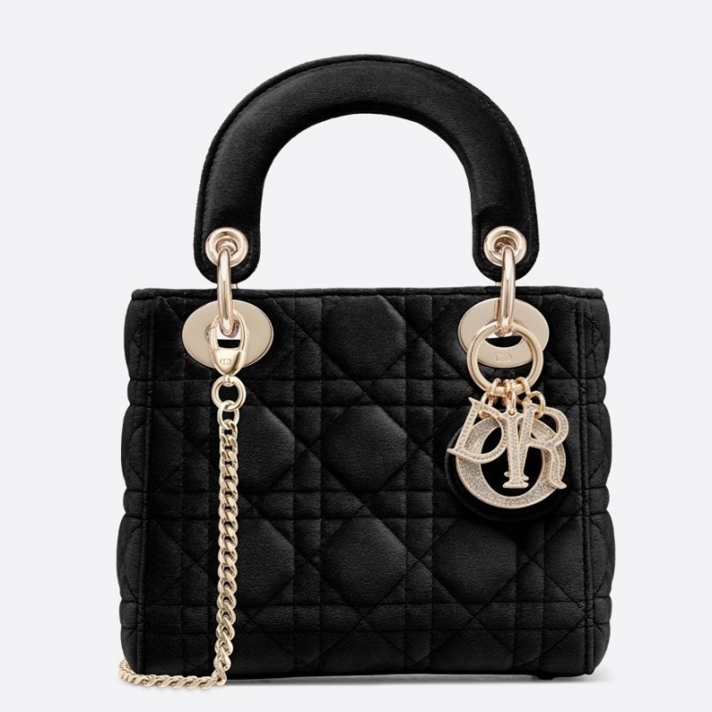 Dior Mini Lady Dior Chain Bag In Black Velvet 090