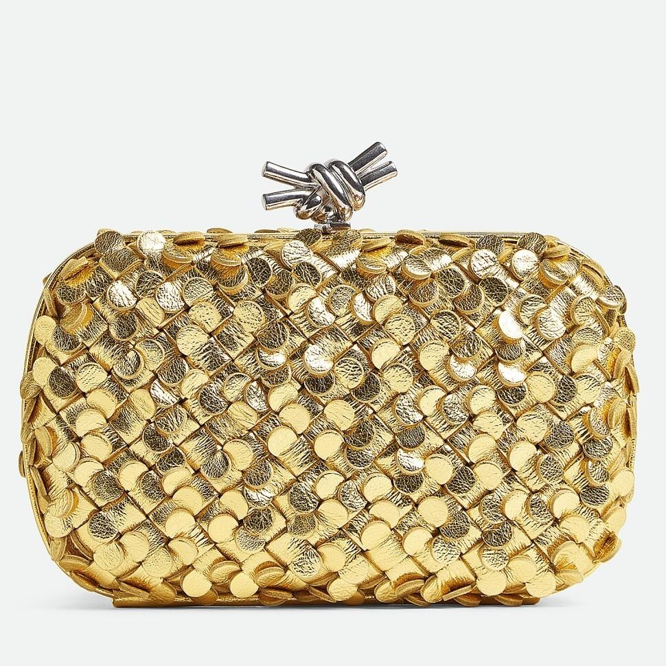 Bottega Veneta Knot Minaudiere Clutch in Gold Sequins Laminated Leather 184