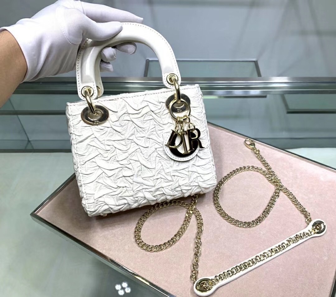 Dior Mini Lady Dior Chain Bag In White Wavy Crinkled Lambskin 120