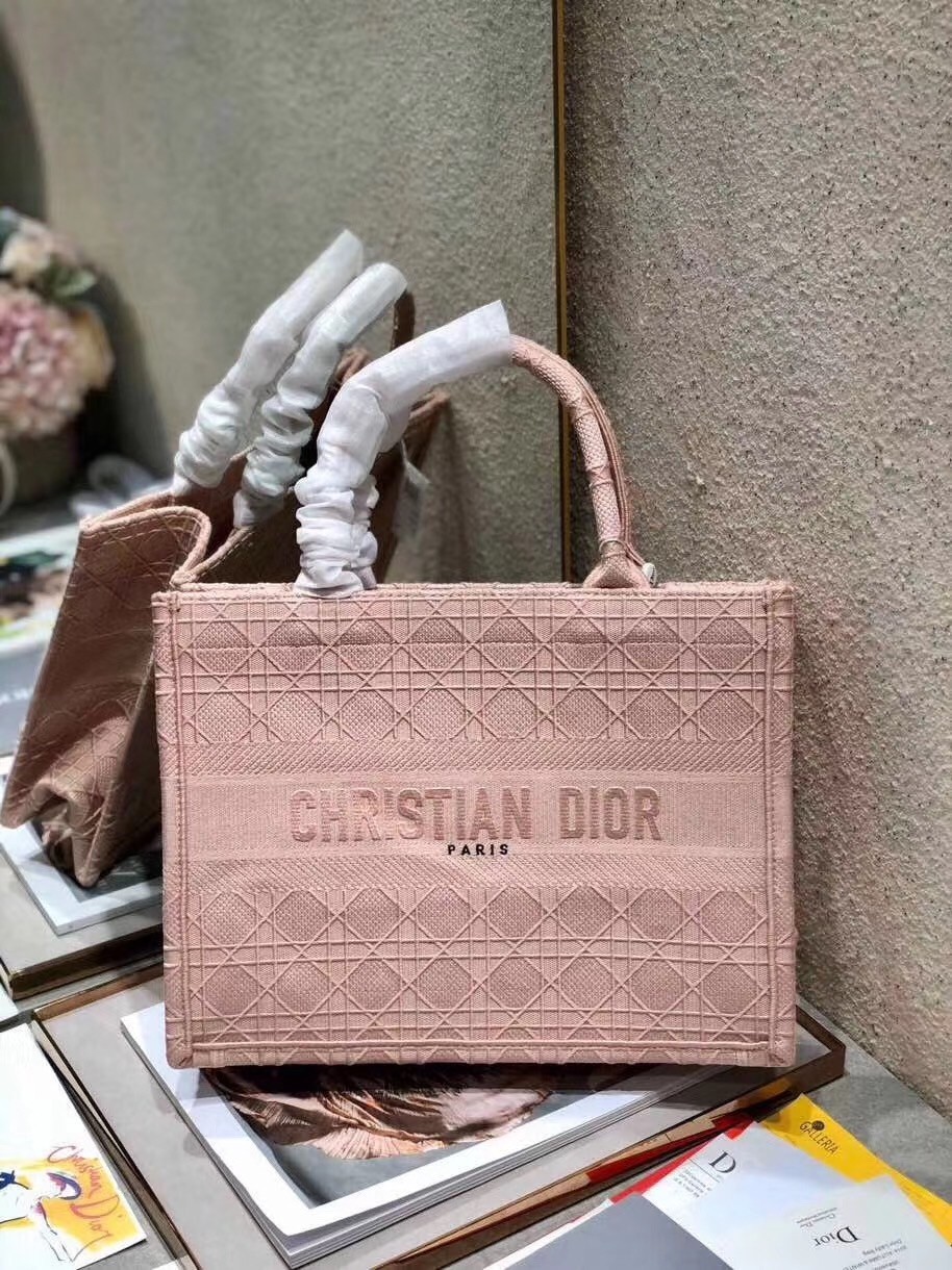 Dior Small Book Tote Bag In Pink Cannage Embroidery 890