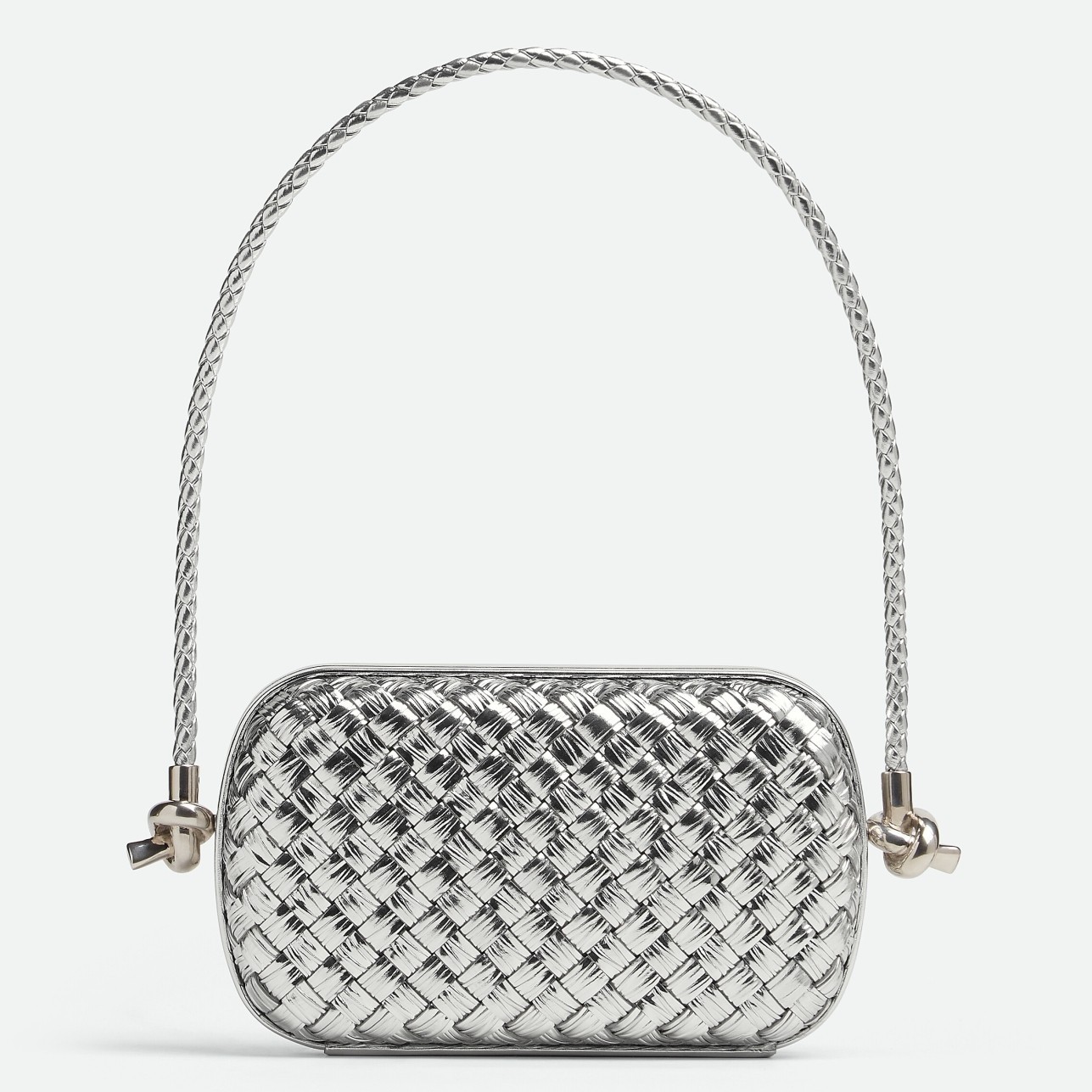 Bottega Veneta Knot Minaudiere On Strap In Silver Intreccio Laminated Leather 419