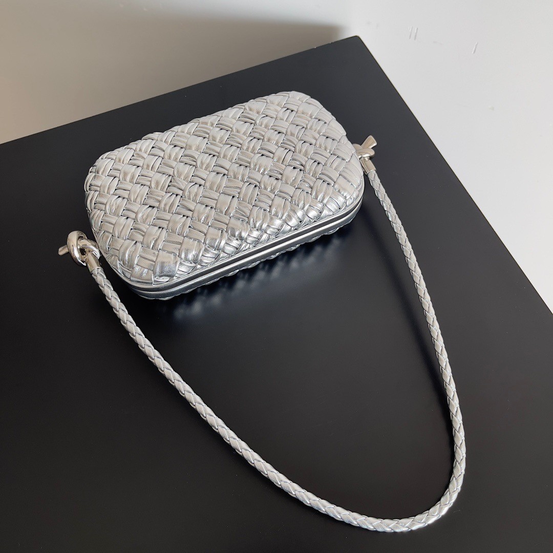 Bottega Veneta Knot Minaudiere On Strap In Silver Intreccio Laminated Leather 419