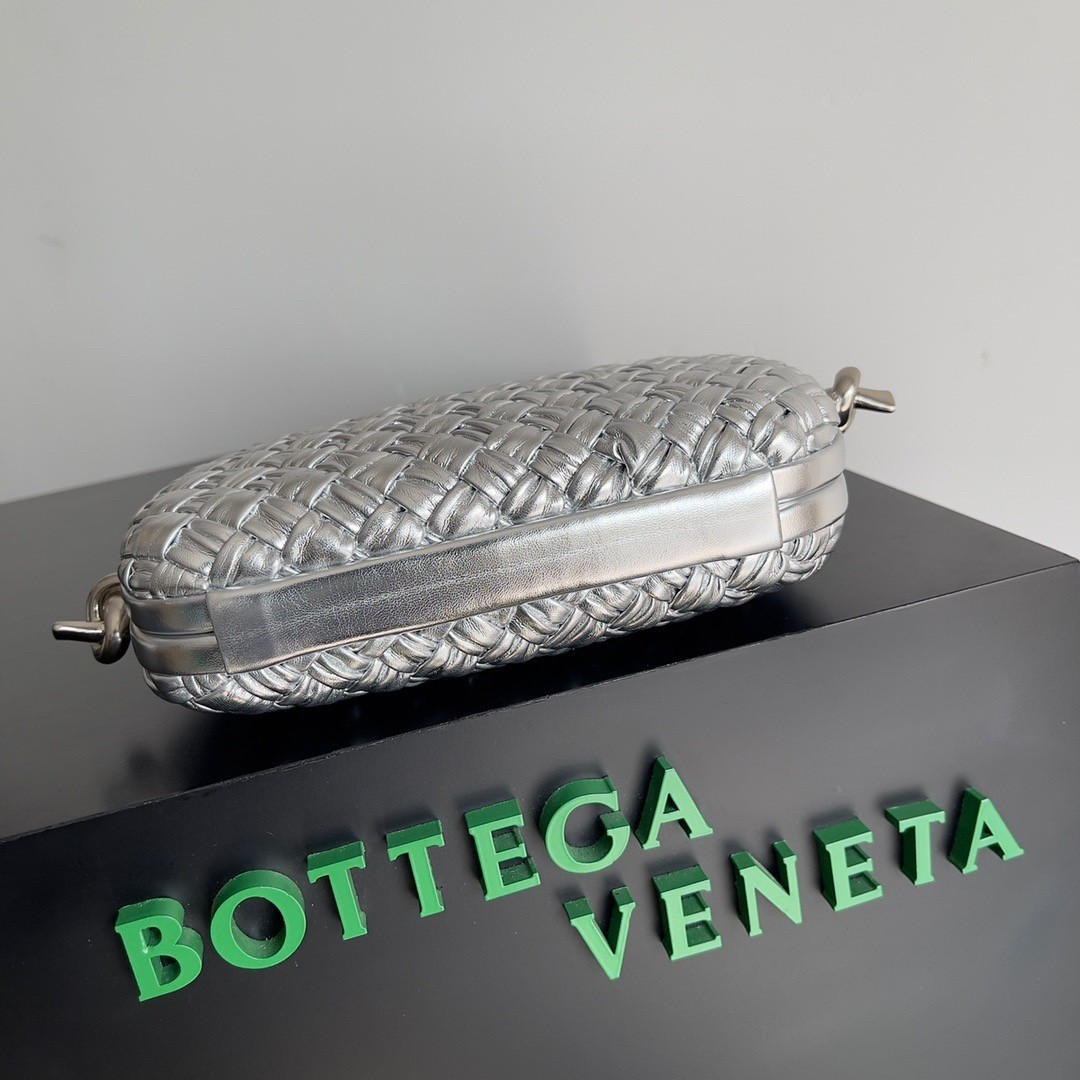 Bottega Veneta Knot Minaudiere On Strap In Silver Intreccio Laminated Leather 419