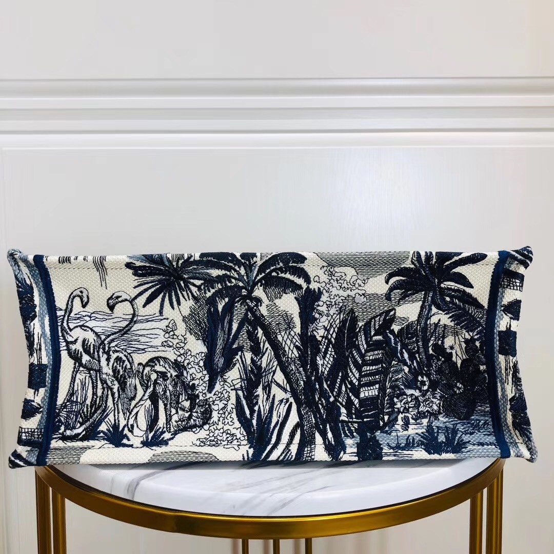 Dior Book Tote Bag In Blue Palm Tree Toile de Jouy Embroidery 984