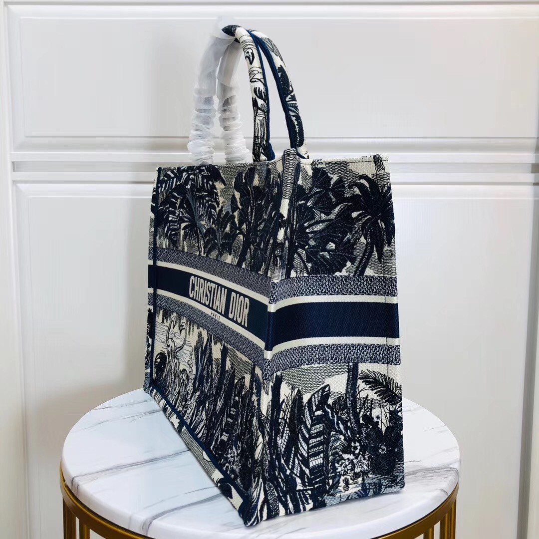 Dior Book Tote Bag In Blue Palm Tree Toile de Jouy Embroidery 984