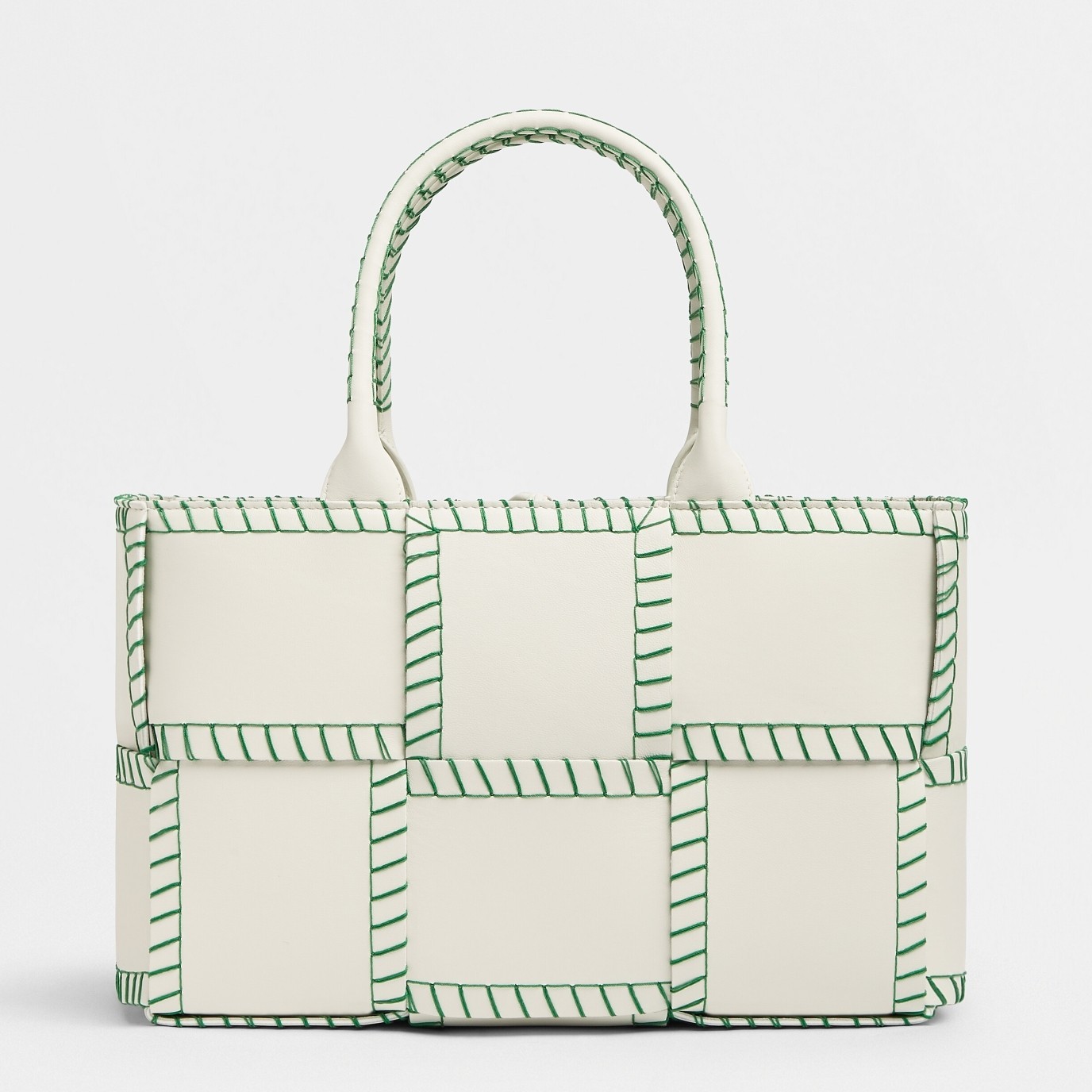 Bottega Veneta White Arco Small Tote with Green Overlock Stitching 790