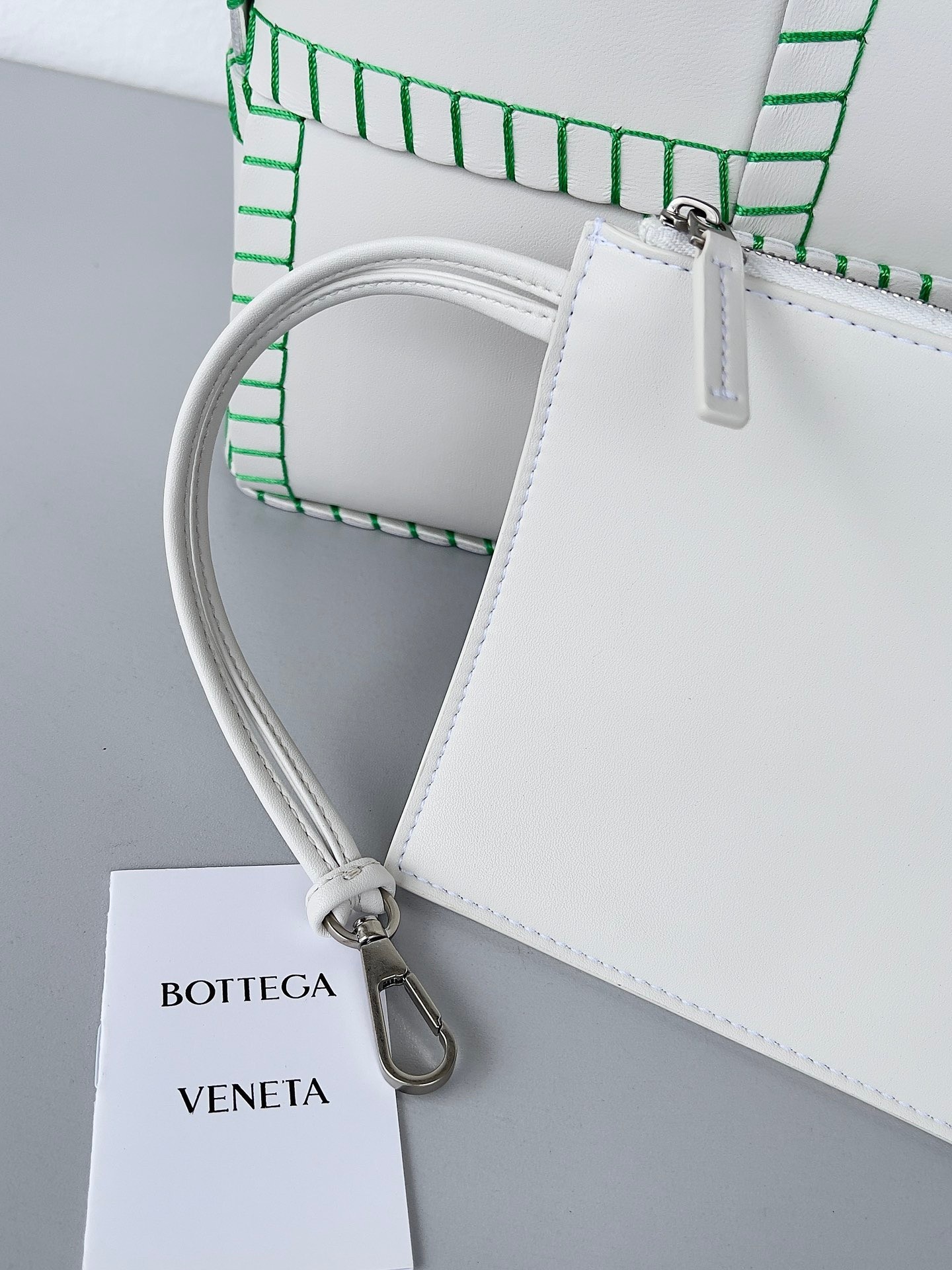 Bottega Veneta White Arco Small Tote with Green Overlock Stitching 790