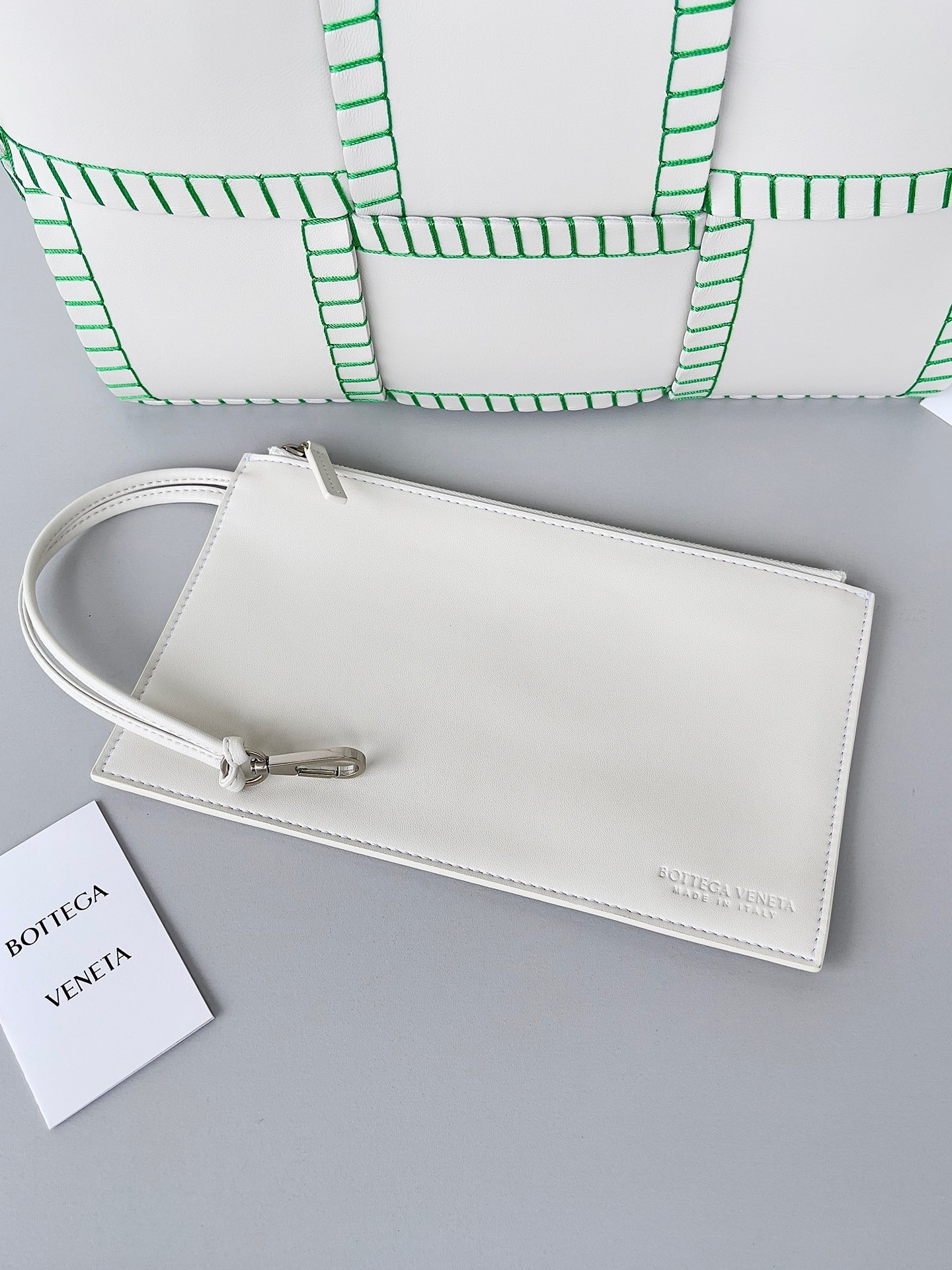 Bottega Veneta White Arco Small Tote with Green Overlock Stitching 790