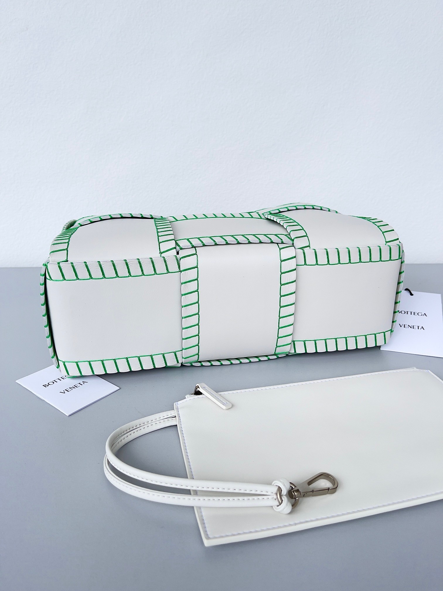Bottega Veneta White Arco Small Tote with Green Overlock Stitching 790