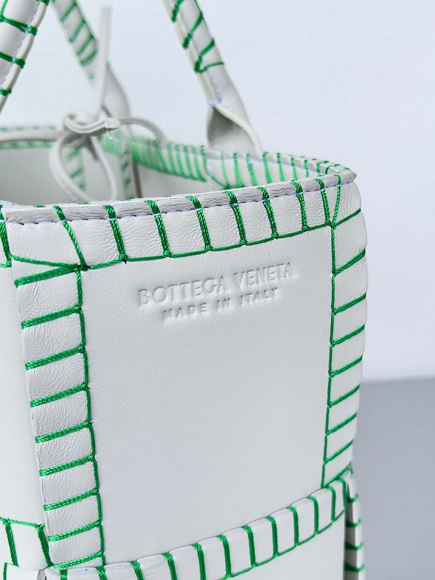 Bottega Veneta White Arco Small Tote with Green Overlock Stitching 790