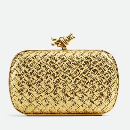 Bottega Veneta Knot Minaudiere Clutch In Gold Intreccio laminated Leather  804