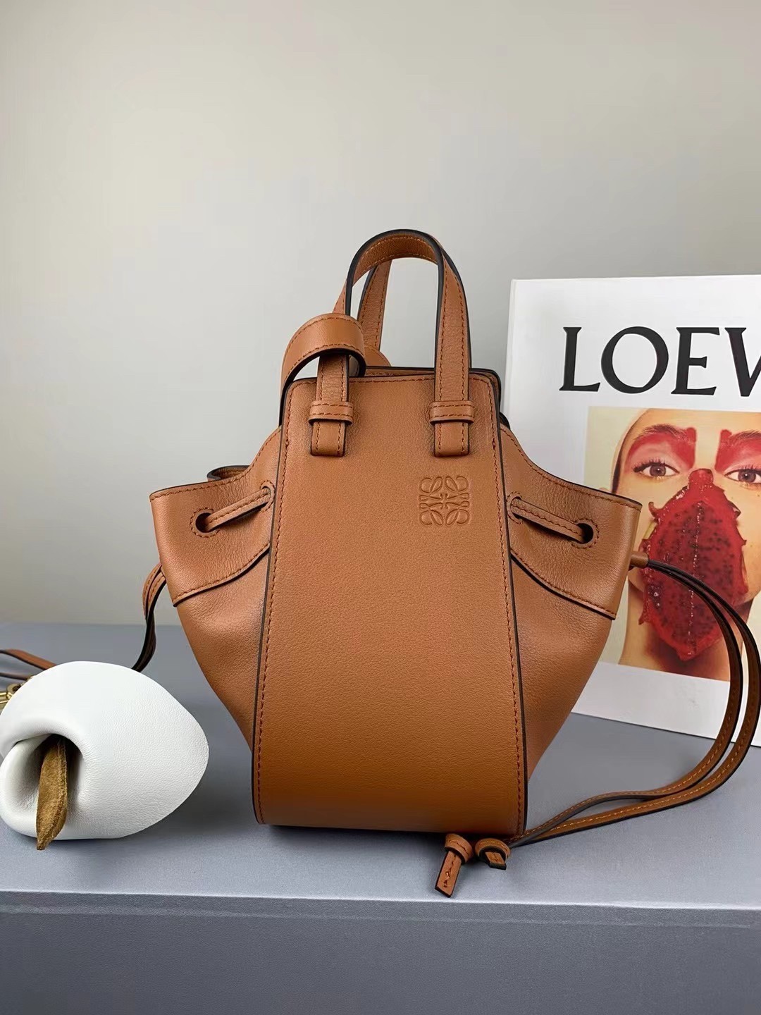Loewe Mini Hammock Drawstring Bag In Brown Calfskin 339