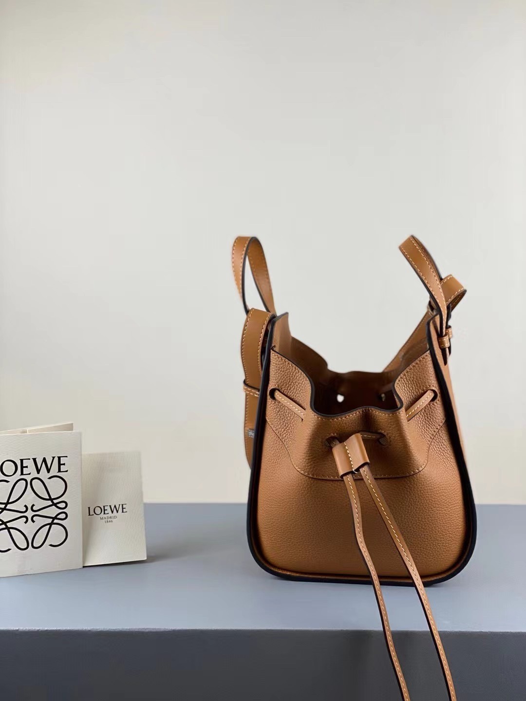 Loewe Mini Hammock Drawstring Bag In Brown Leather 076