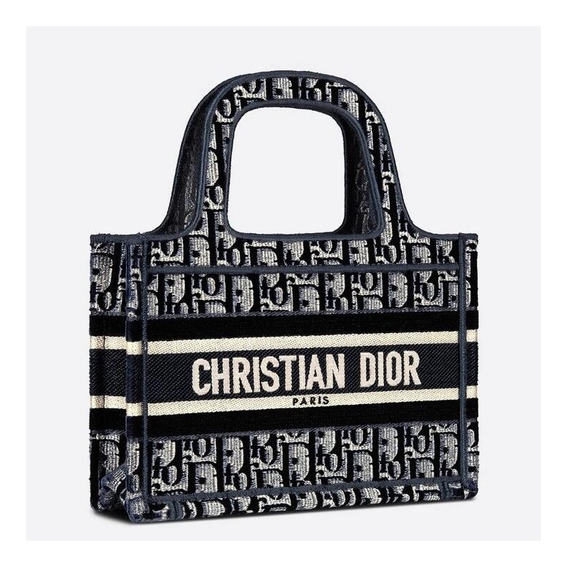 Dior Mini Book Tote Bag In Blue Dior Oblique Embroidered Velvet 963