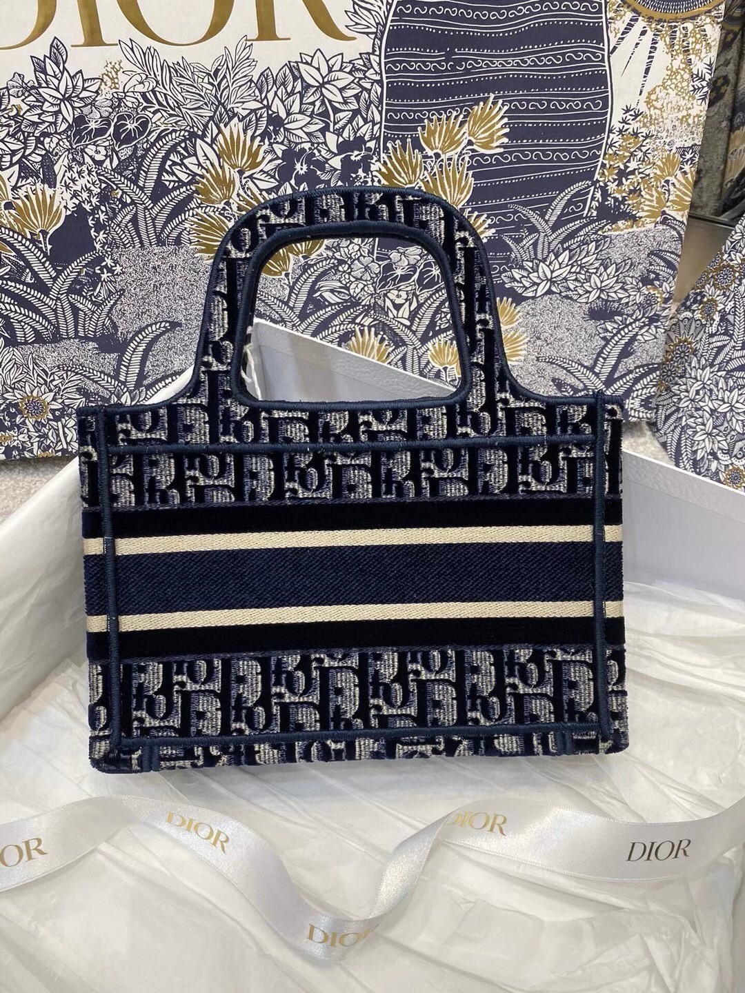 Dior Mini Book Tote Bag In Blue Dior Oblique Embroidered Velvet 963