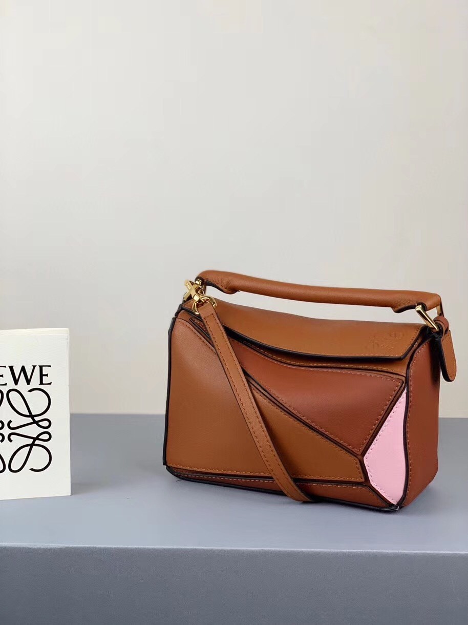 Loewe Mini Puzzle Bag In Brown/Camel/Pink Calfskin 299