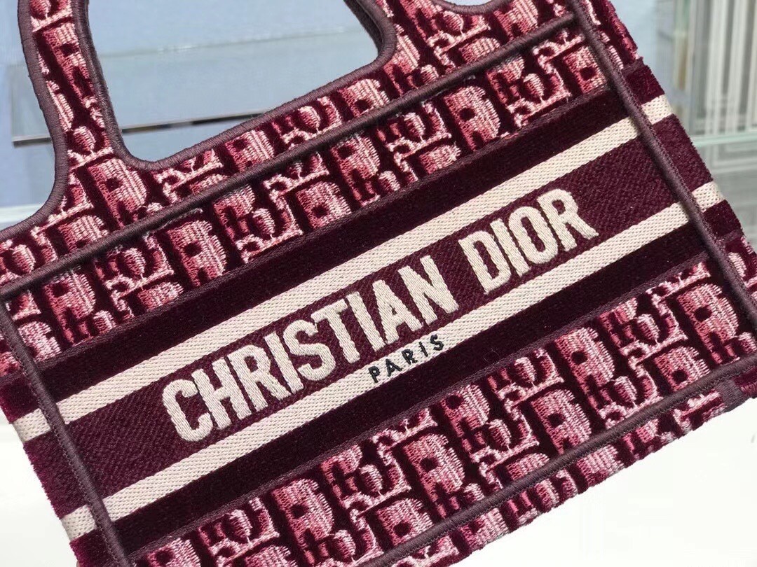 Dior Mini Book Tote Bag In Bordeaux Oblique Embroidered Velvet 822