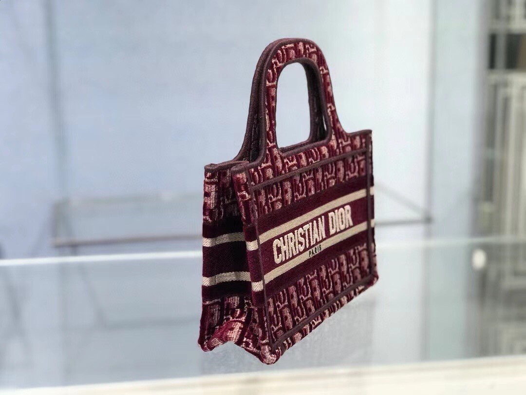 Dior Mini Book Tote Bag In Bordeaux Oblique Embroidered Velvet 822