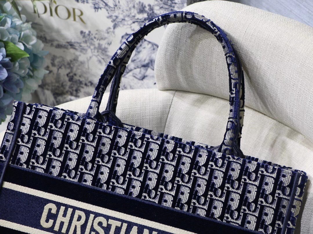 Dior Small Book Tote Bag In Blue Oblique Embroidered Velvet 605