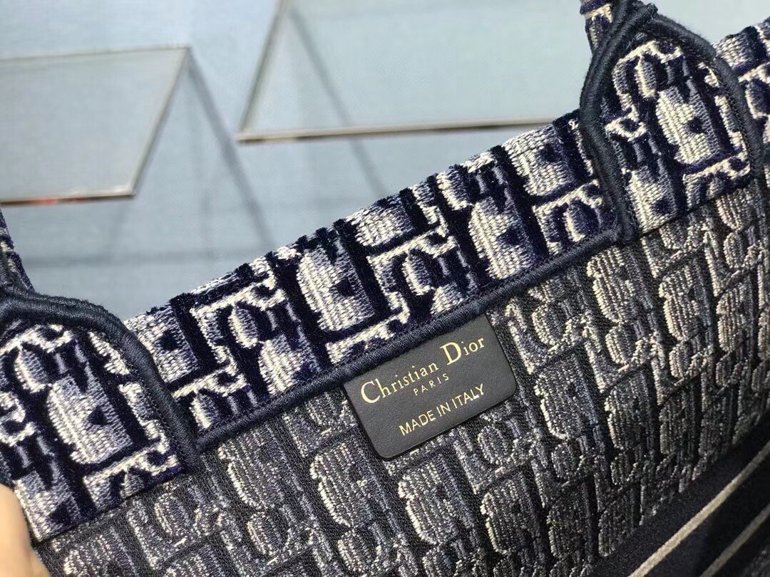 Dior Small Book Tote Bag In Blue Oblique Embroidered Velvet 605