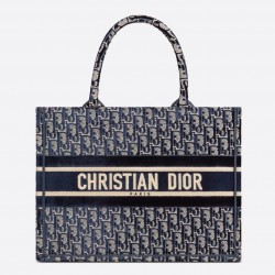 Dior Small Book Tote Bag In Blue Oblique Embroidered Velvet 605