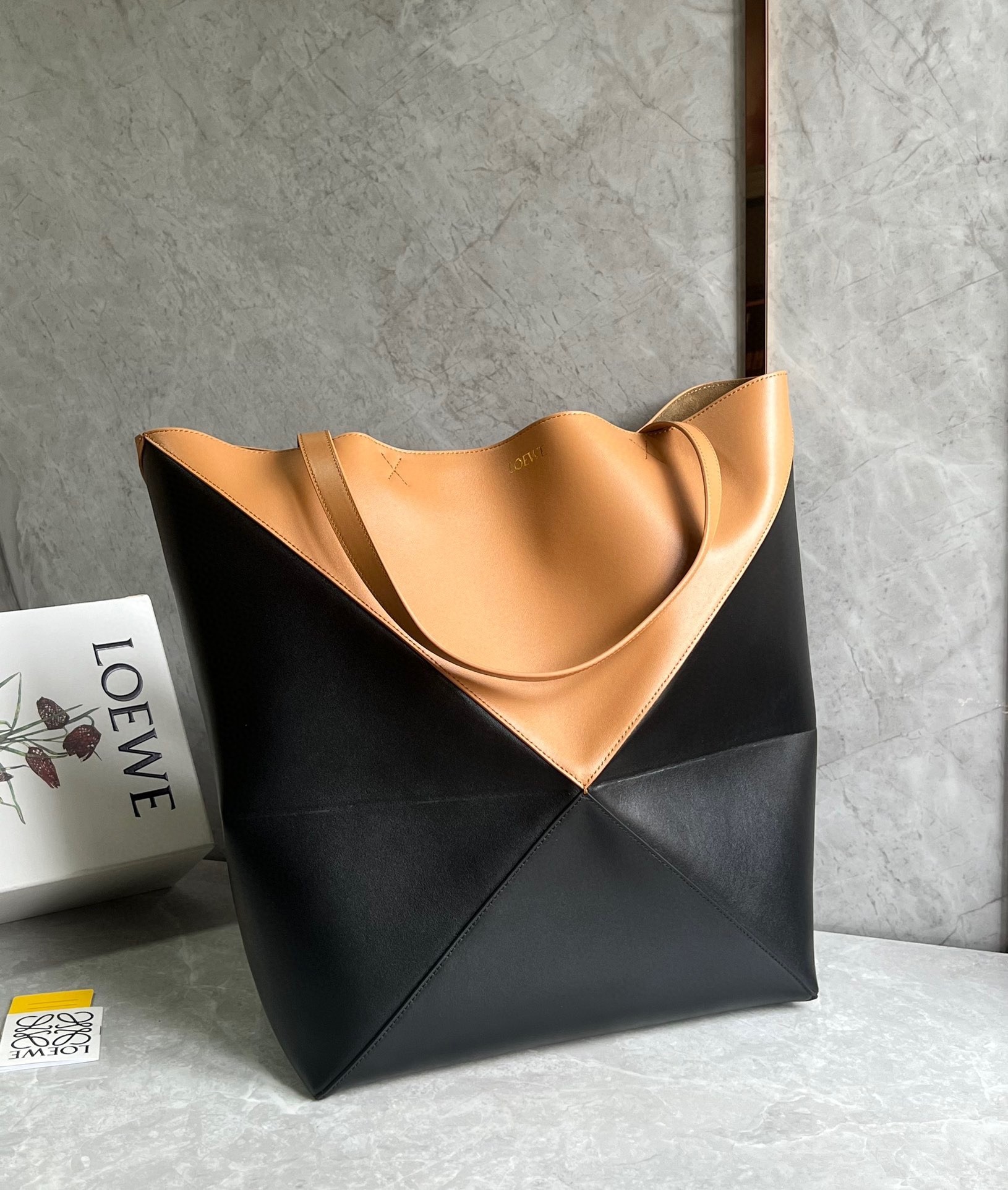 Loewe Large Puzzle Fold Tote Bag in Tan and Black Calfskin 582