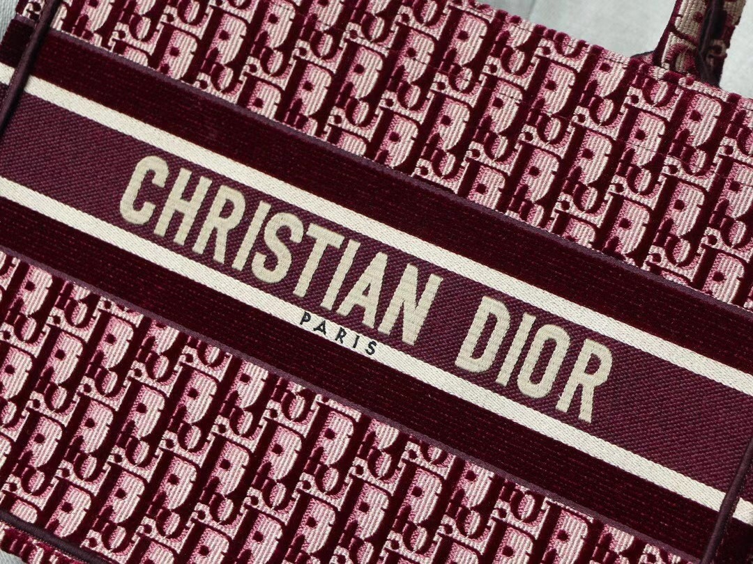 Dior Small Book Tote Bag In Bordeaux Oblique Embroidered Velvet 643