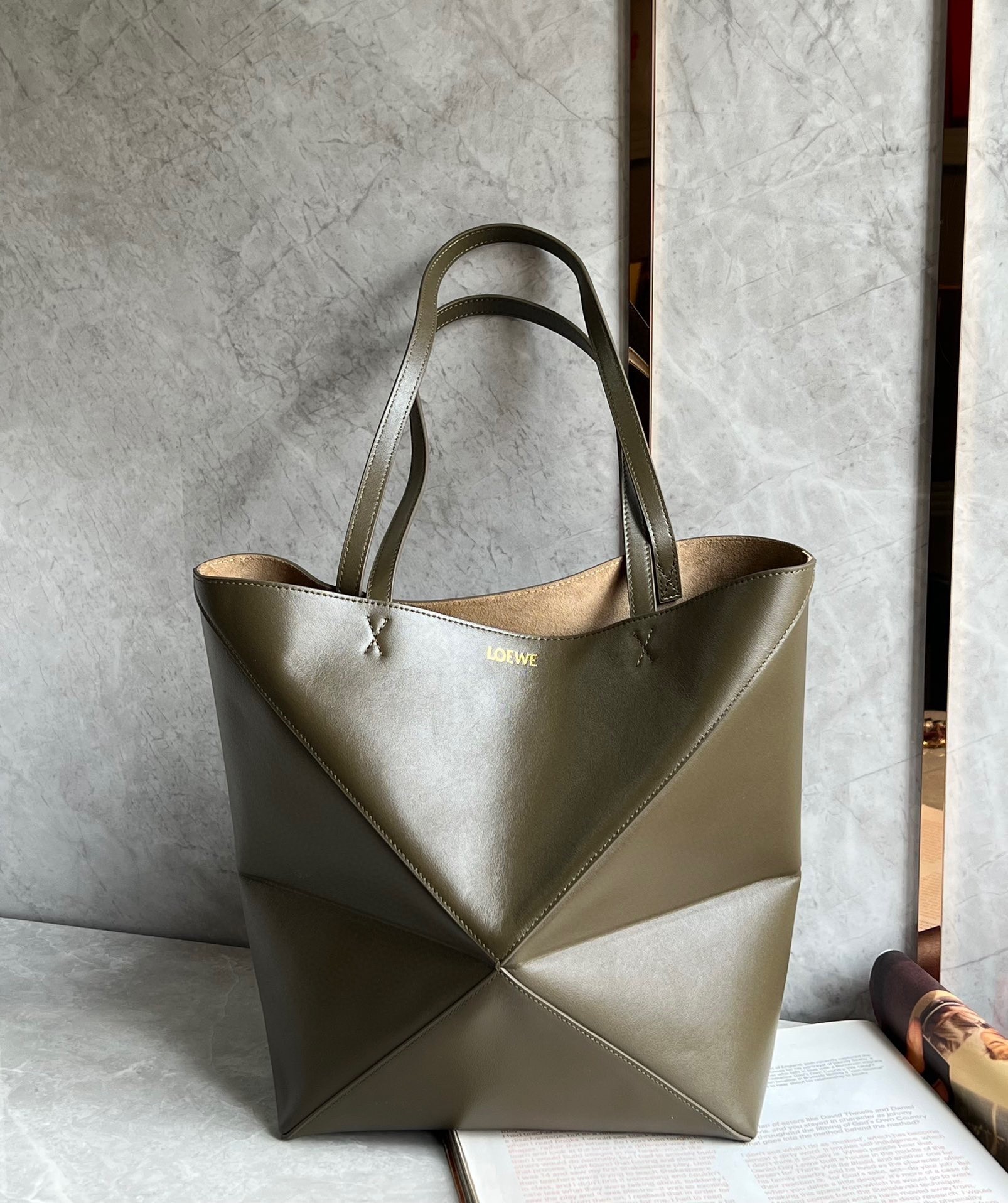 Loewe Large Puzzle Fold Tote Bag in Dark Green Calfskin 818