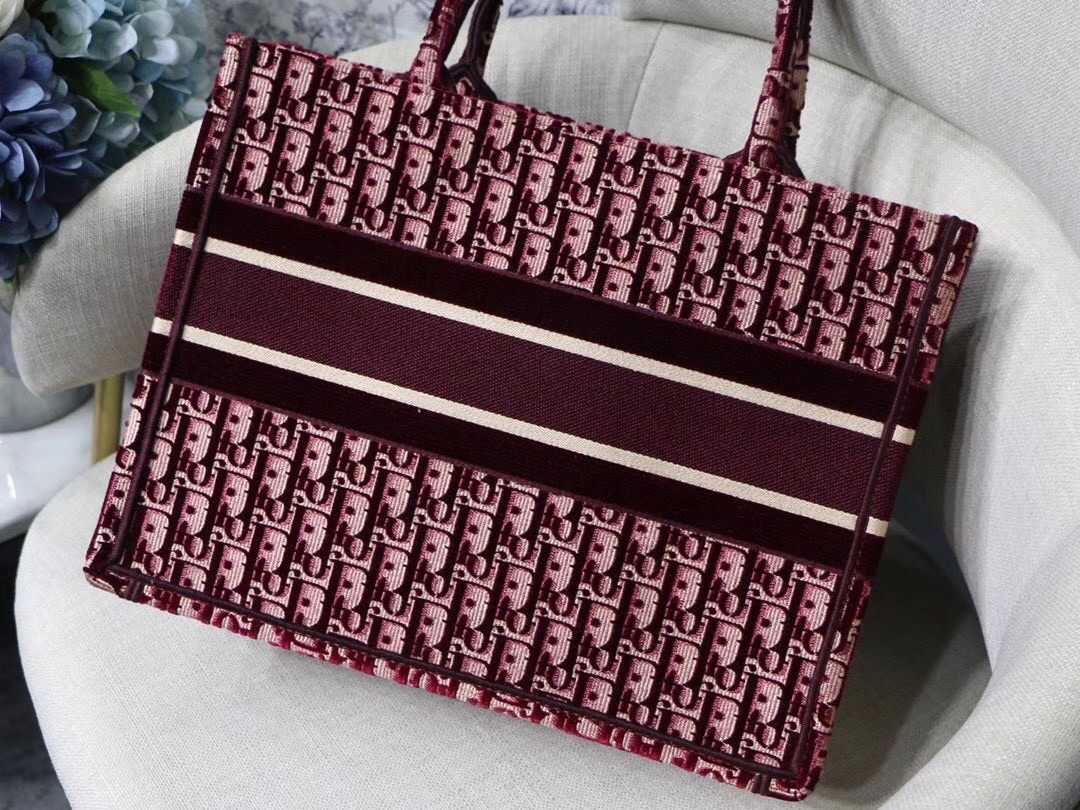 Dior Small Book Tote Bag In Bordeaux Oblique Embroidered Velvet 643