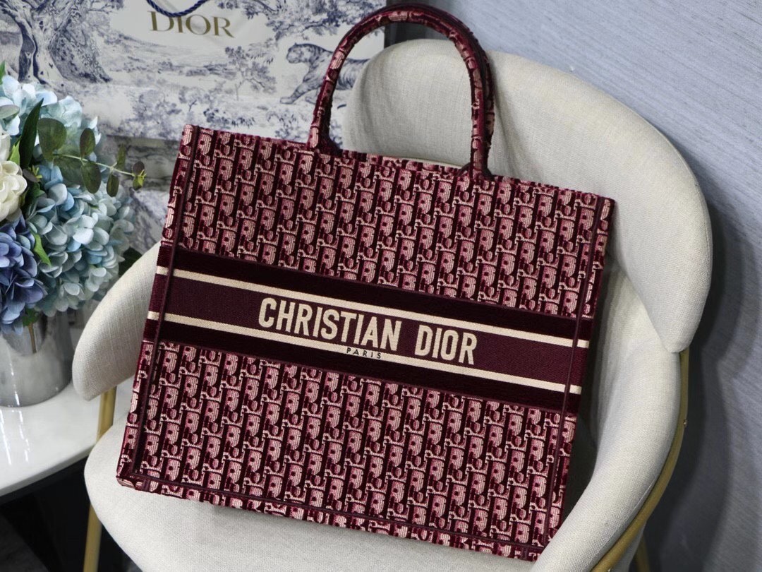 Dior Large Book Tote In Bordeaux Oblique Embroidered Velvet 701